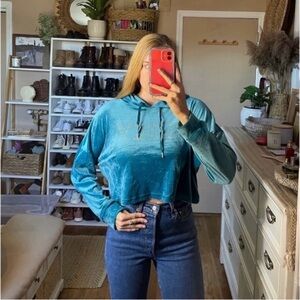 Juicy Couture cropped blue velvet hooded sweatshirt with rhinestones